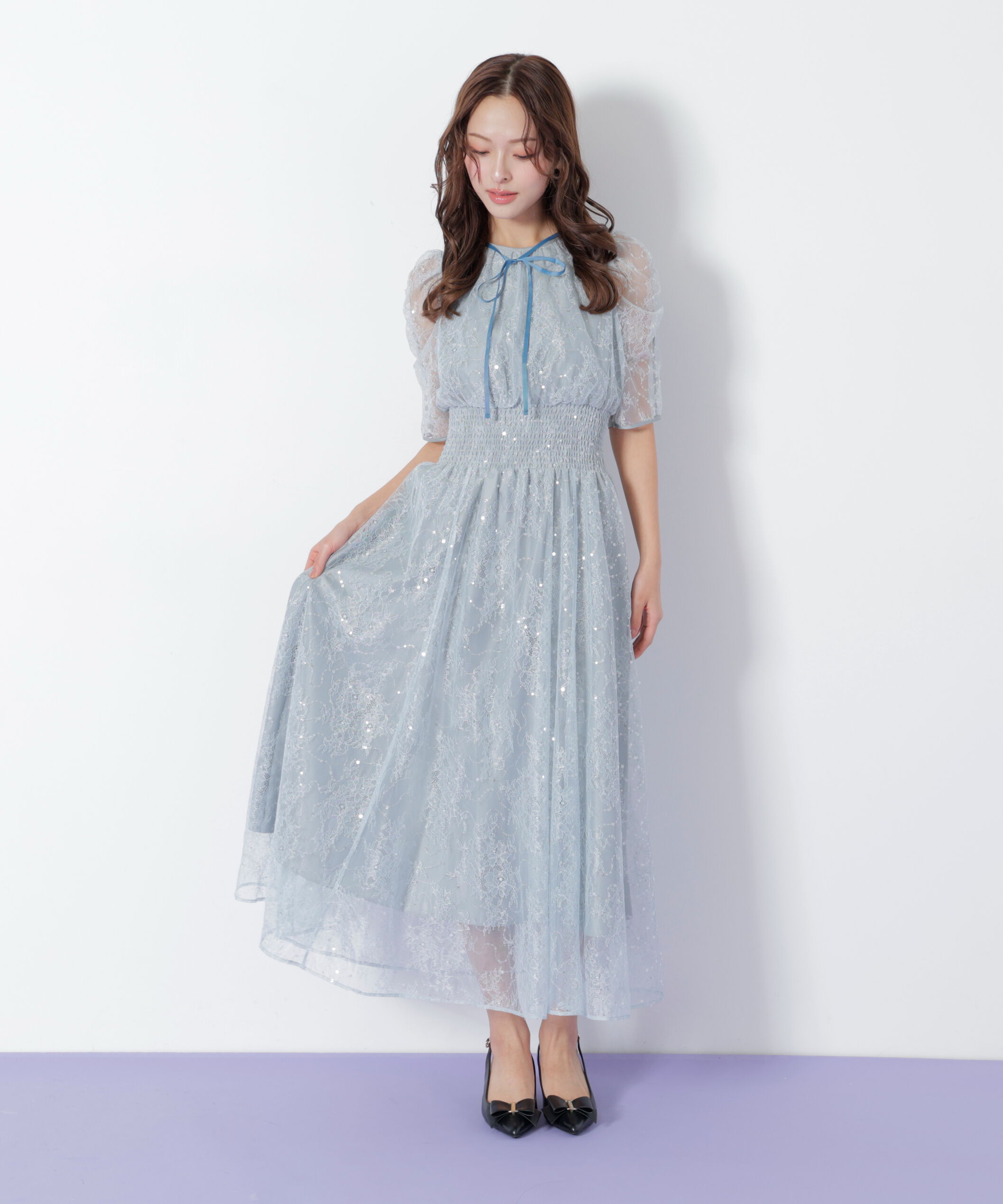  「スパンコール付きレースワンピース」|ワンピース|