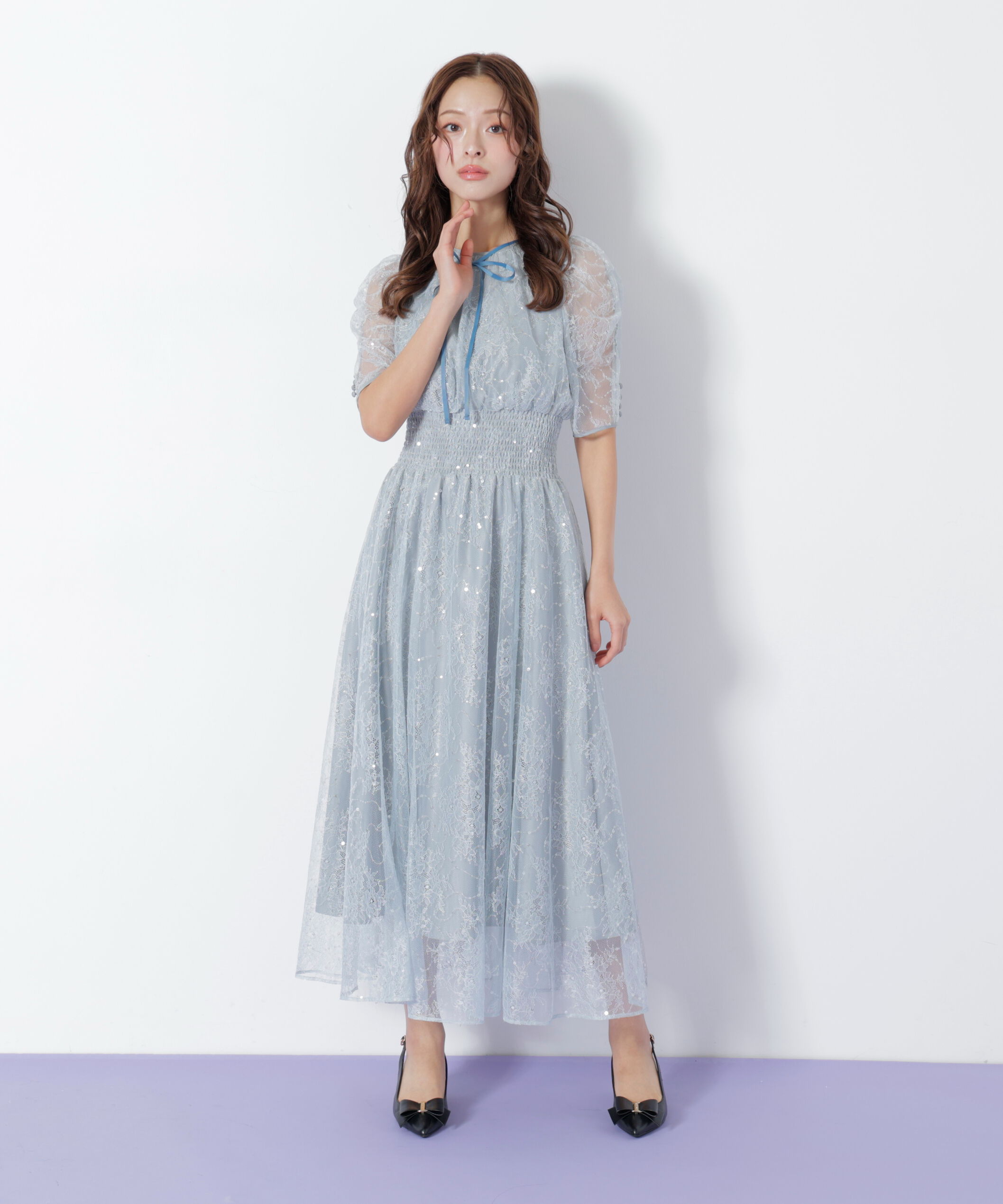  「スパンコール付きレースワンピース」|ワンピース|