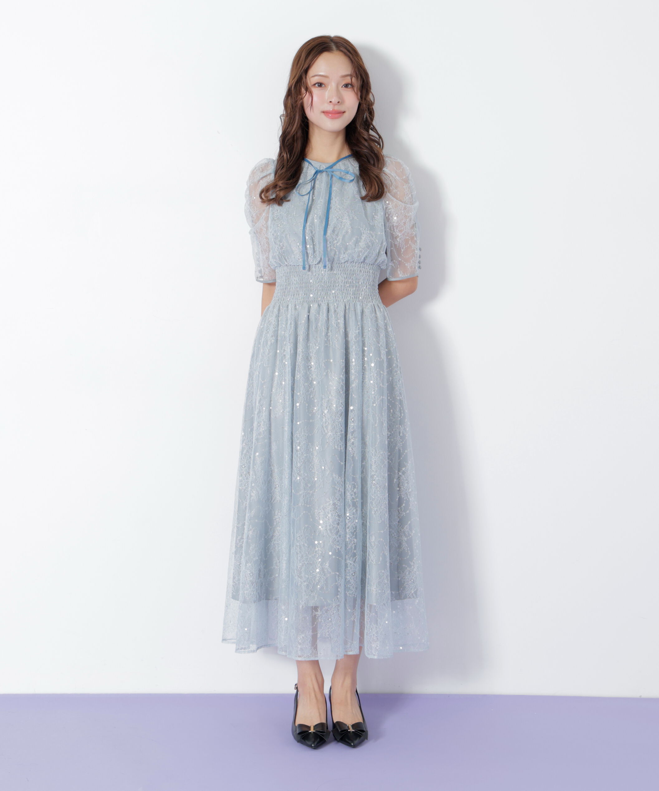  「スパンコール付きレースワンピース」|ワンピース|