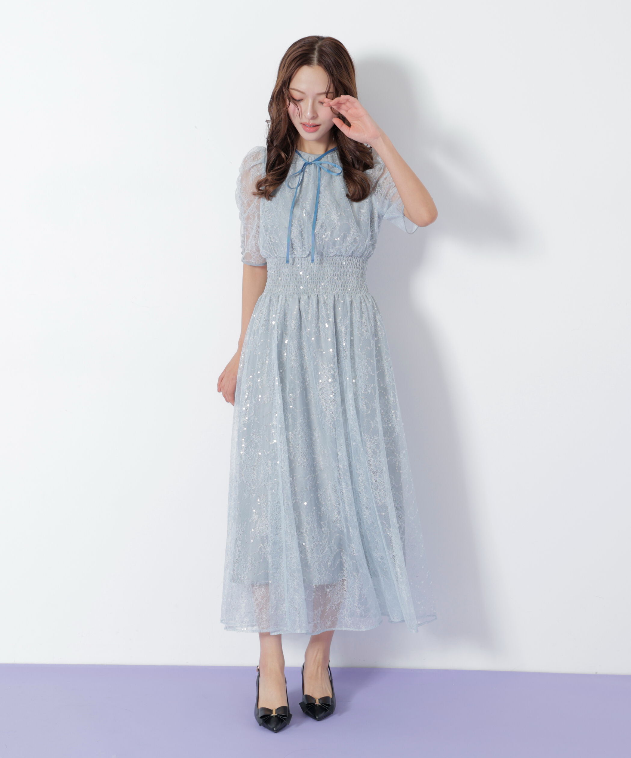  「スパンコール付きレースワンピース」|ワンピース|