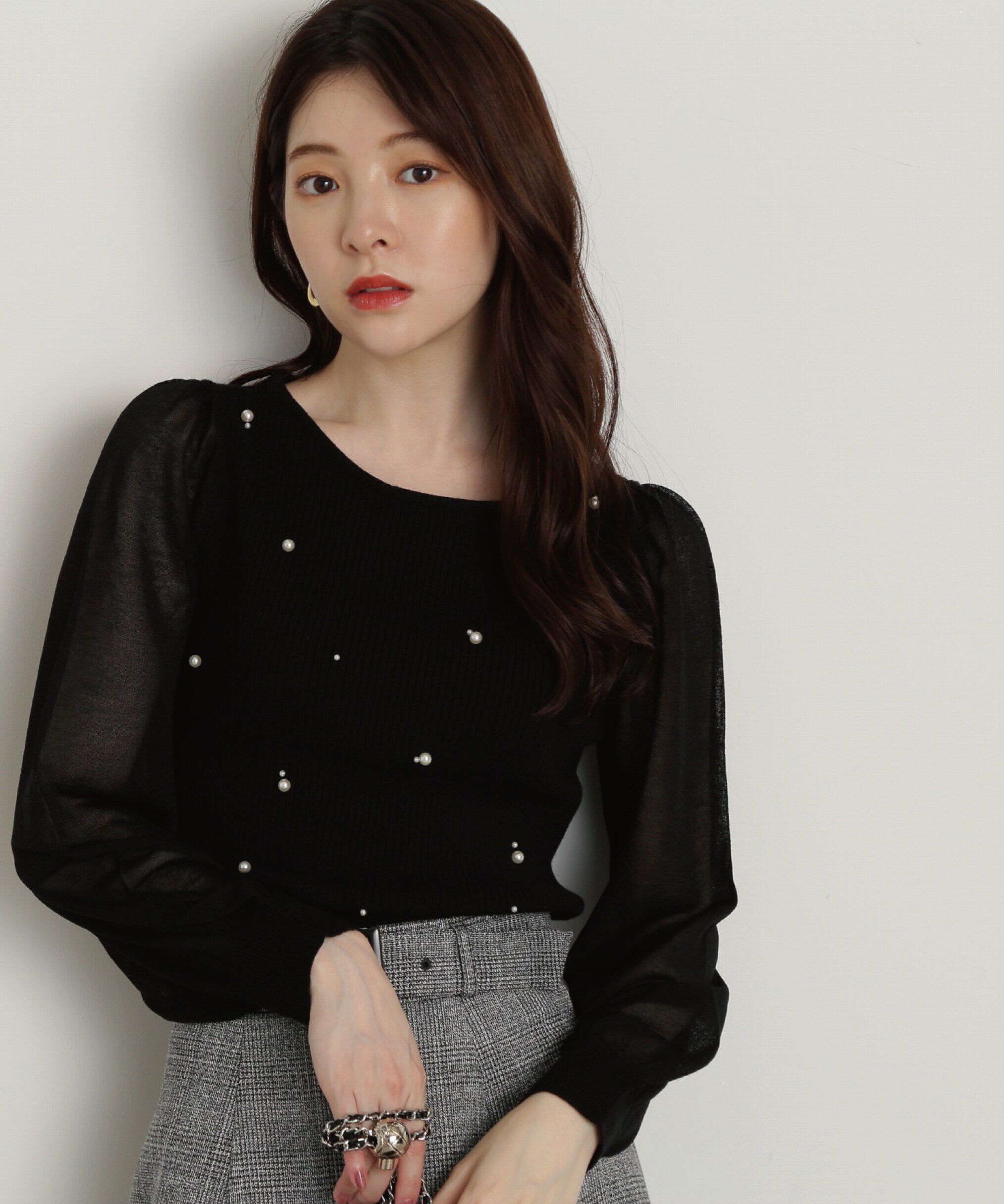 PROPORTION BODY DRESSING「シアースリーブパールリブニット24AW」|ニット・セーター|ブラック
