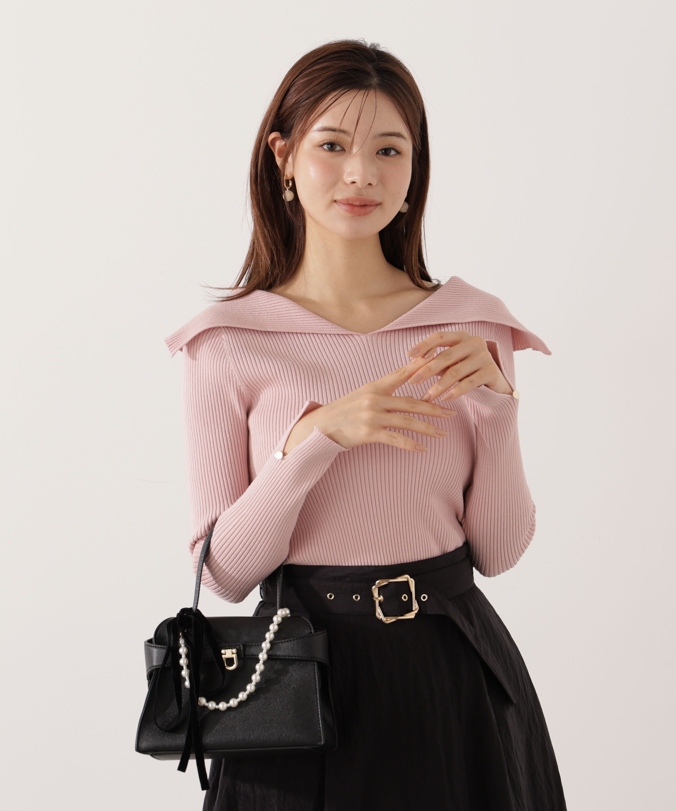 PROPORTION BODY DRESSING「オープンカラーリブニット」|ニット・セーター|ピンク