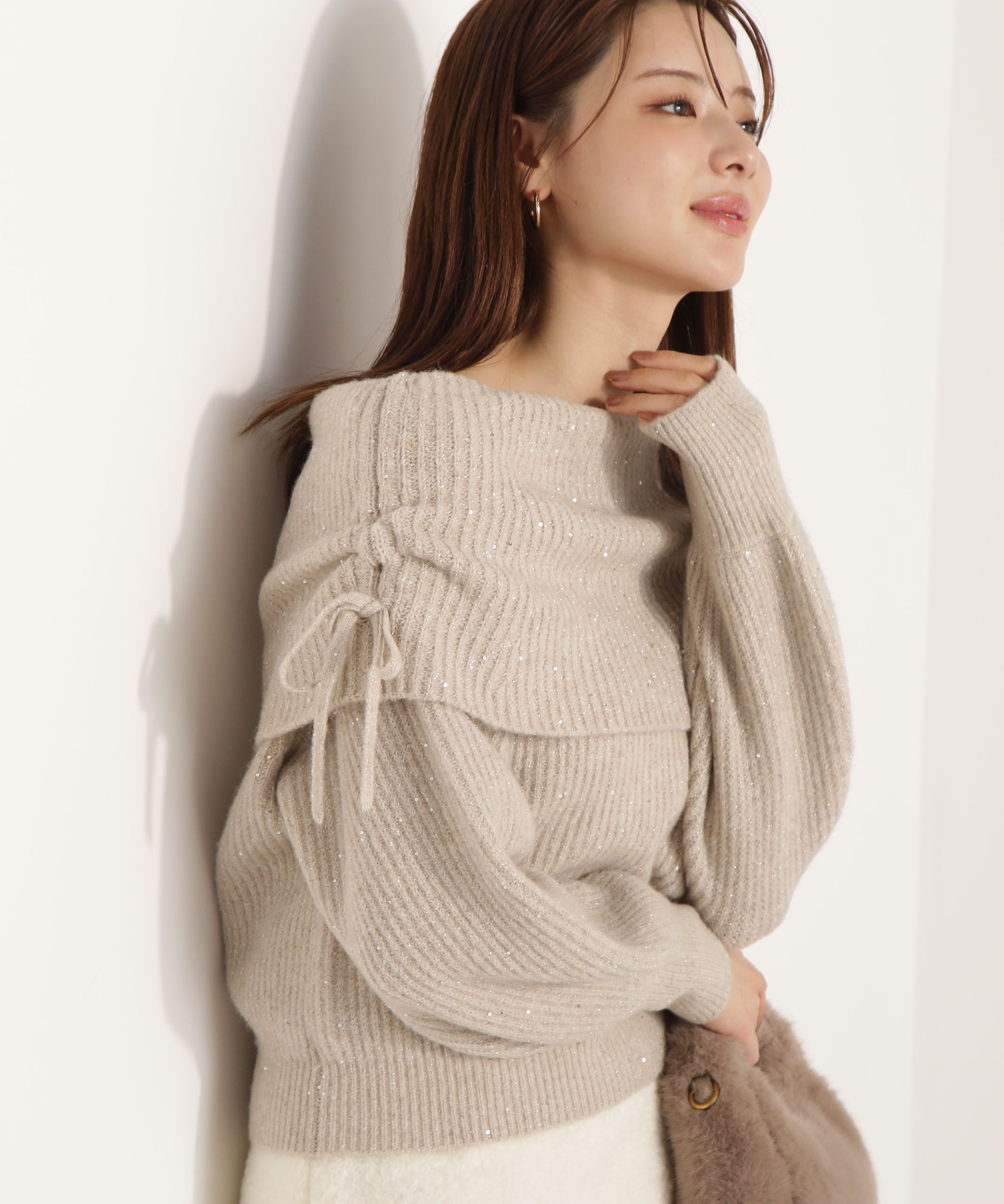 PROPORTION BODY DRESSING「リボン付きオフショルニット 25AW」|ニット・セーター|ベージュ