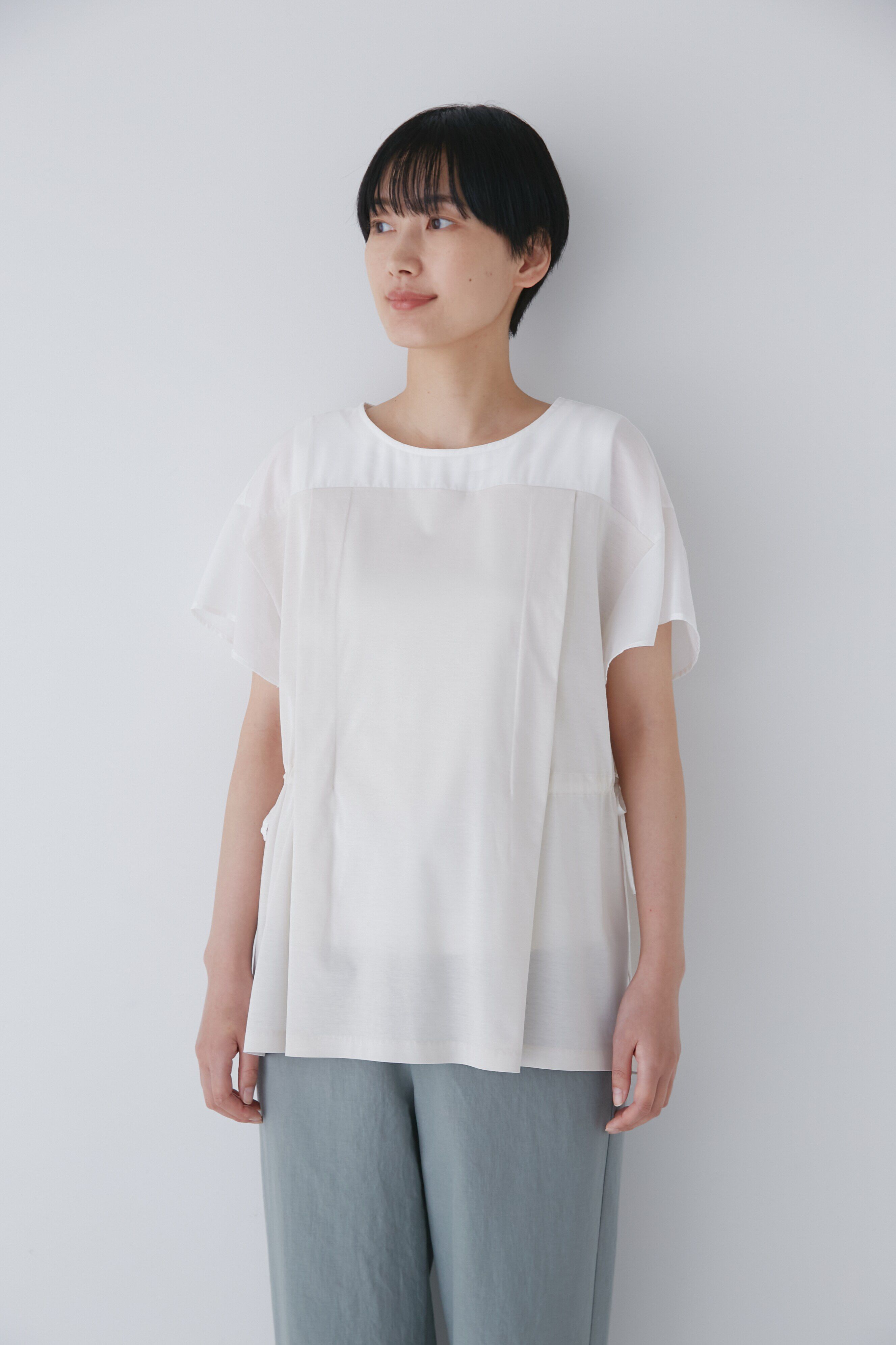  「◆異素材コンビギャザートップス」|Tシャツ・カットソー|