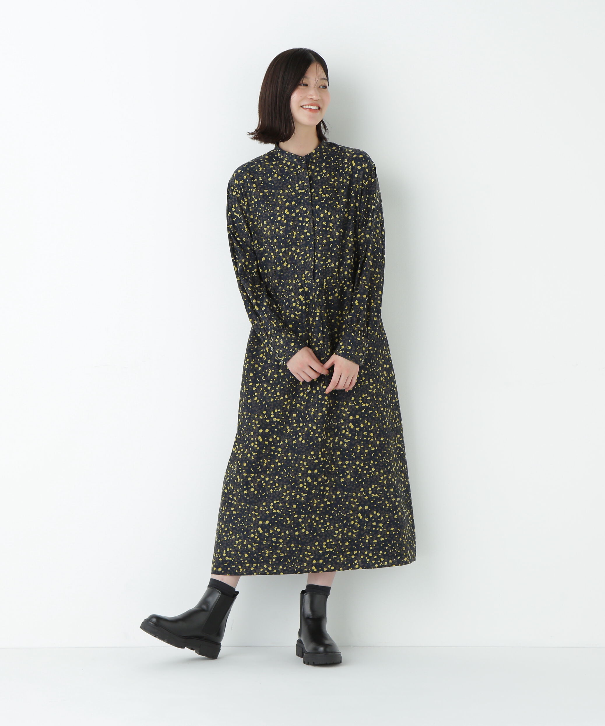  「プチフラワープリントブラウジングバンドカラーワンピース」|ワンピース|