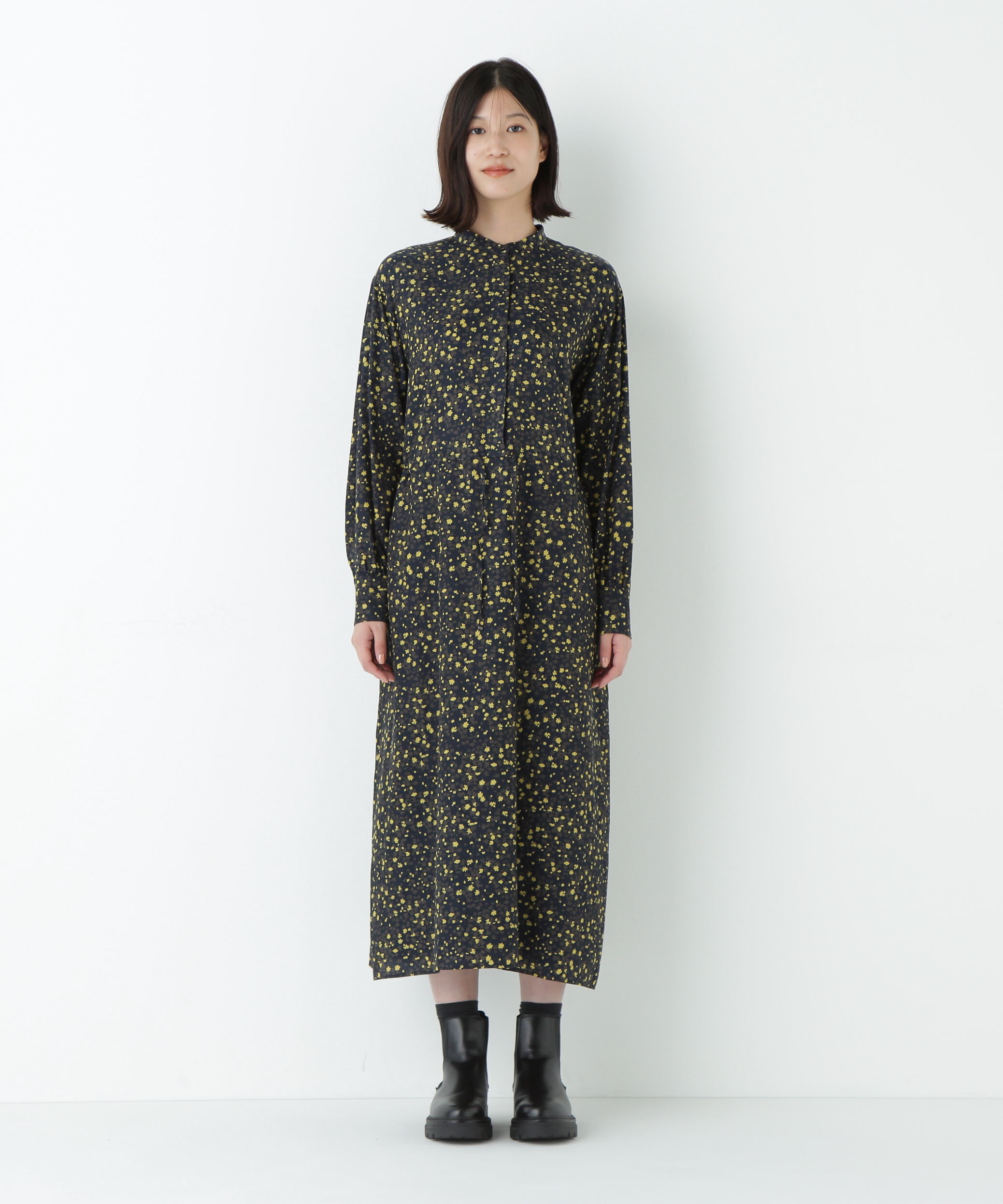  「プチフラワープリントブラウジングバンドカラーワンピース」|ワンピース|