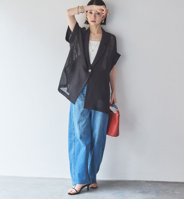 Doux archives「【即完売アイテム/体型カバー】メッシュフレンチスリーブジャケット」|テーラードジャケット|