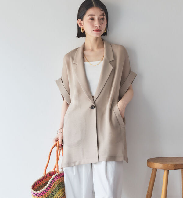 Doux archives「【即完売アイテム/体型カバー】メッシュフレンチスリーブジャケット」|テーラードジャケット|BEIGE