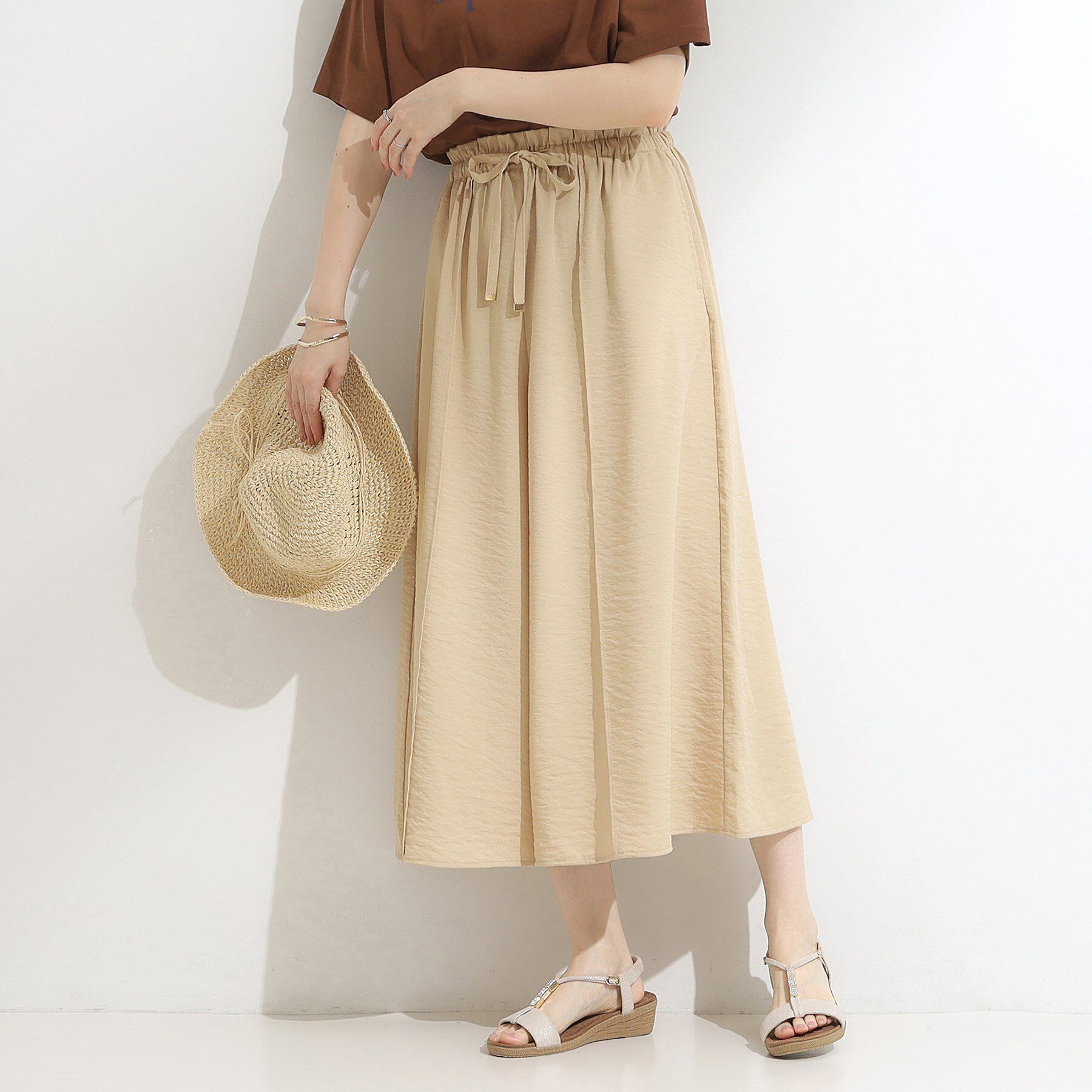 SHOO･LA･RUE「【S-LL/ひんやり】さらっとタッチできれい見え ピンタックスカーチョ」|その他|ベージュ(052)