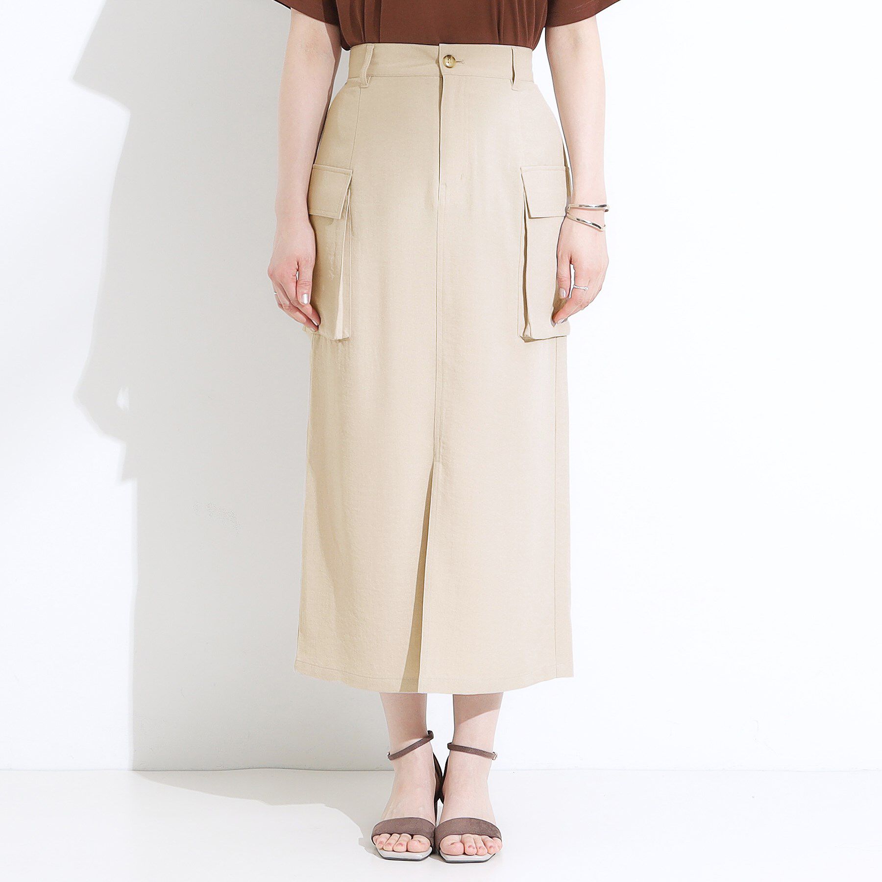 SHOO･LA･RUE「【S-LL】大人のきれいめカジュアルに 麻調カーゴナロースカート」|スカート|