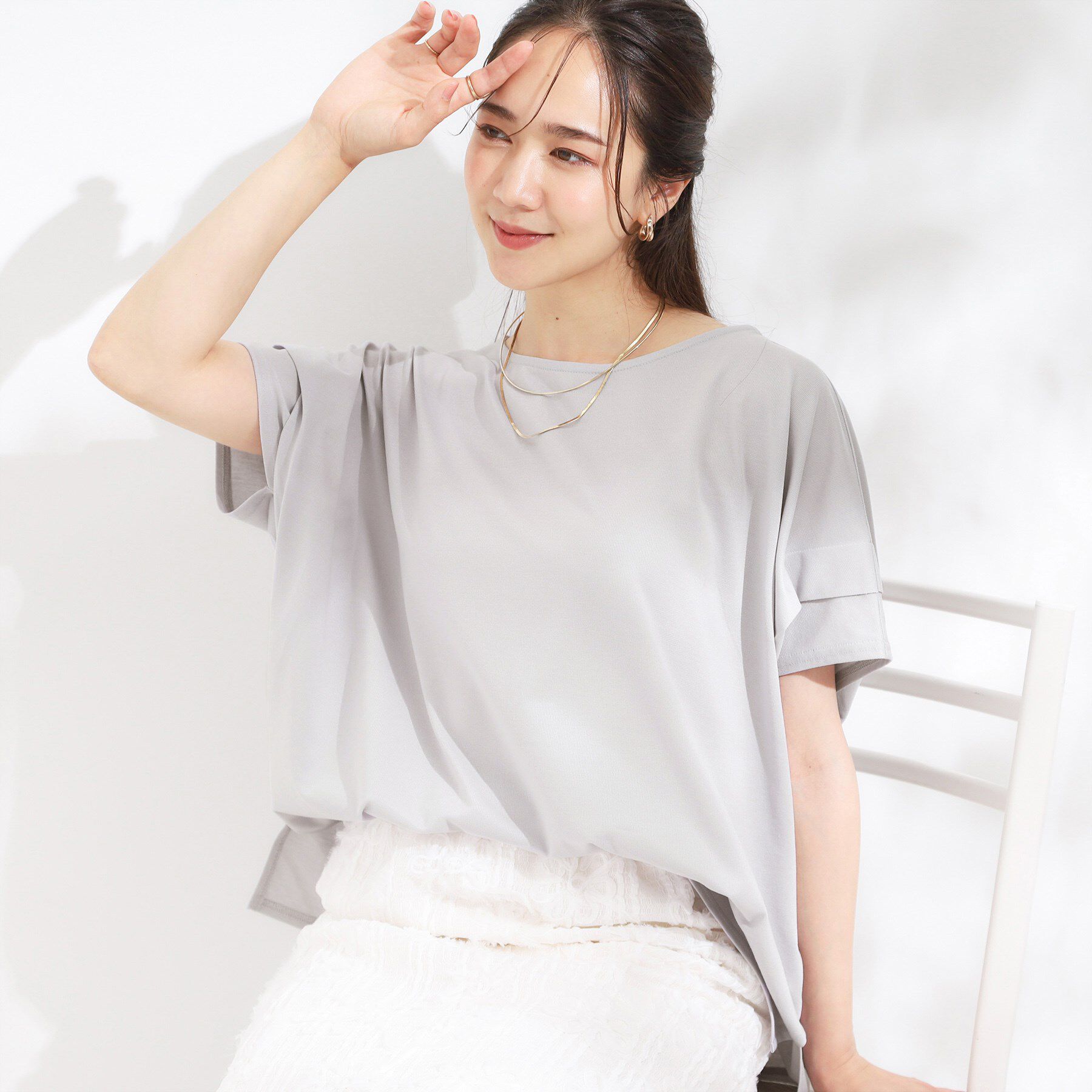 SHOO･LA･RUE「【S-LL/UV/吸水速乾】さらりと着こなす 肩タックゆるトップス」|Tシャツ・カットソー|ライトグレー(011