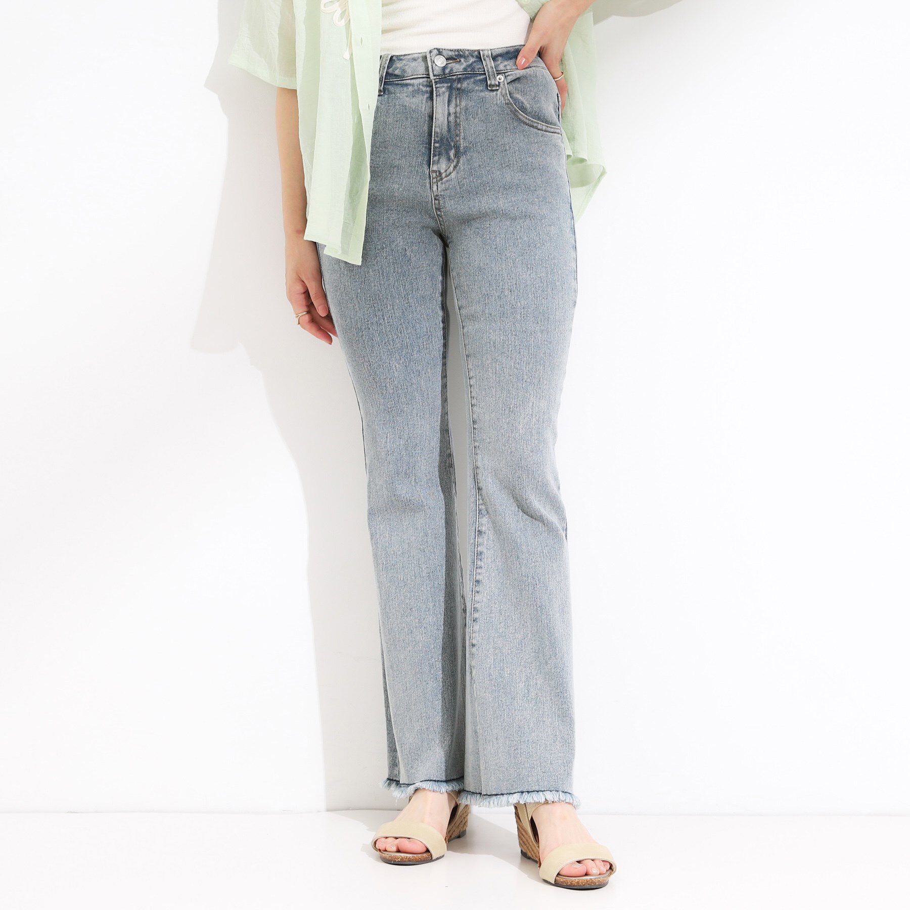 SHOO･LA･RUE「【ひんやり/S-LL】ストレッチフレアデニム」|デニム|