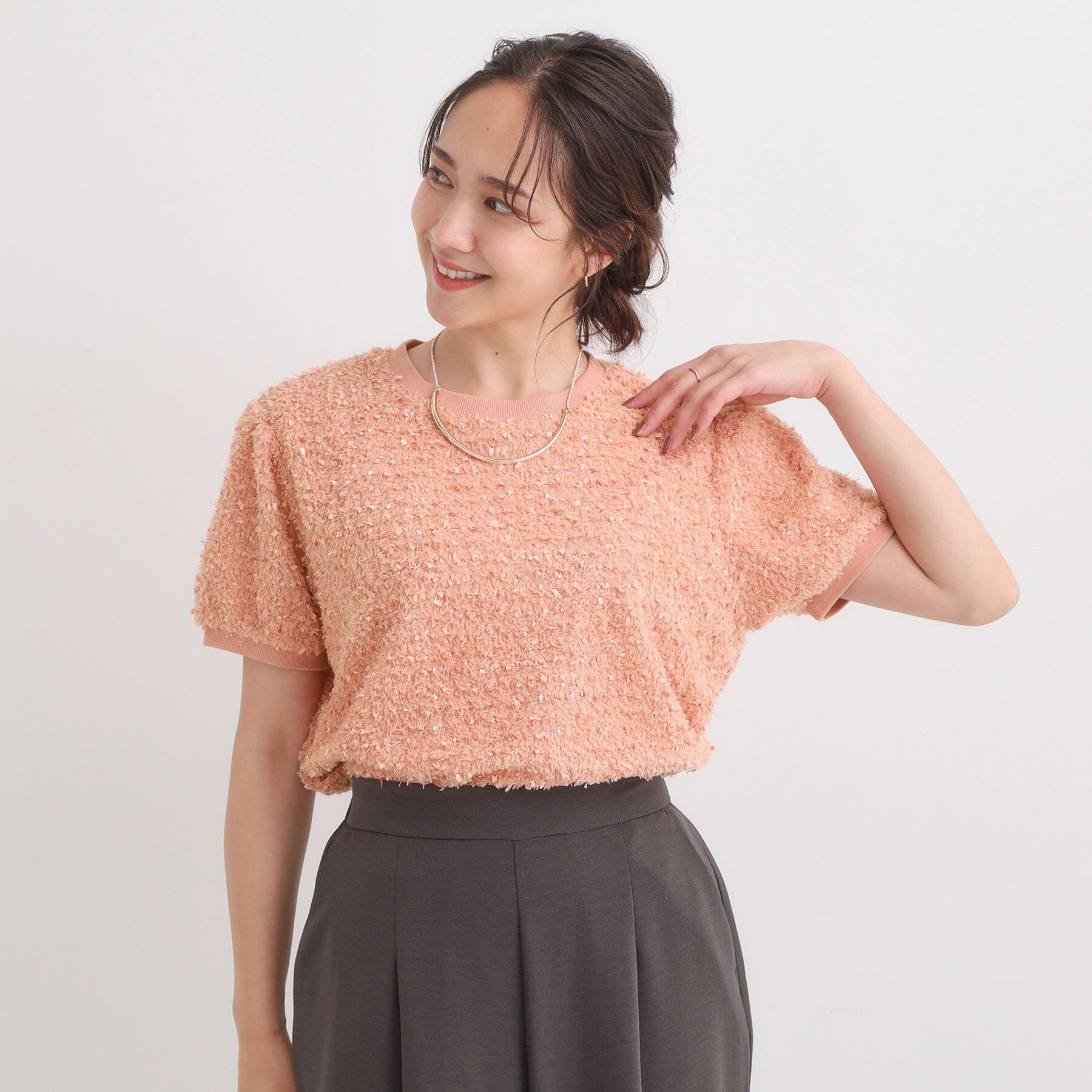 SHOO･LA･RUE「【S-LL】大人も着やすい愛らしさ リボンヤーン半袖トップス」|Tシャツ・カットソー|