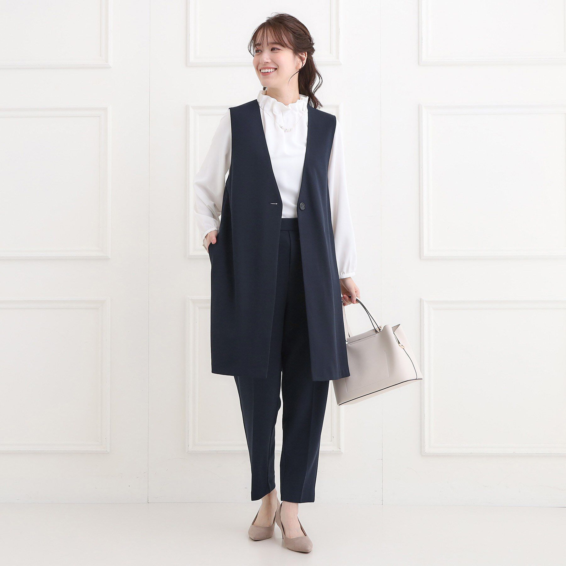 SHOO･LA･RUE「【洗濯機可/イージーケア/ストレッチ】きちんと楽に。カットジョーゼットロングジレ」|ベスト・ジレ|