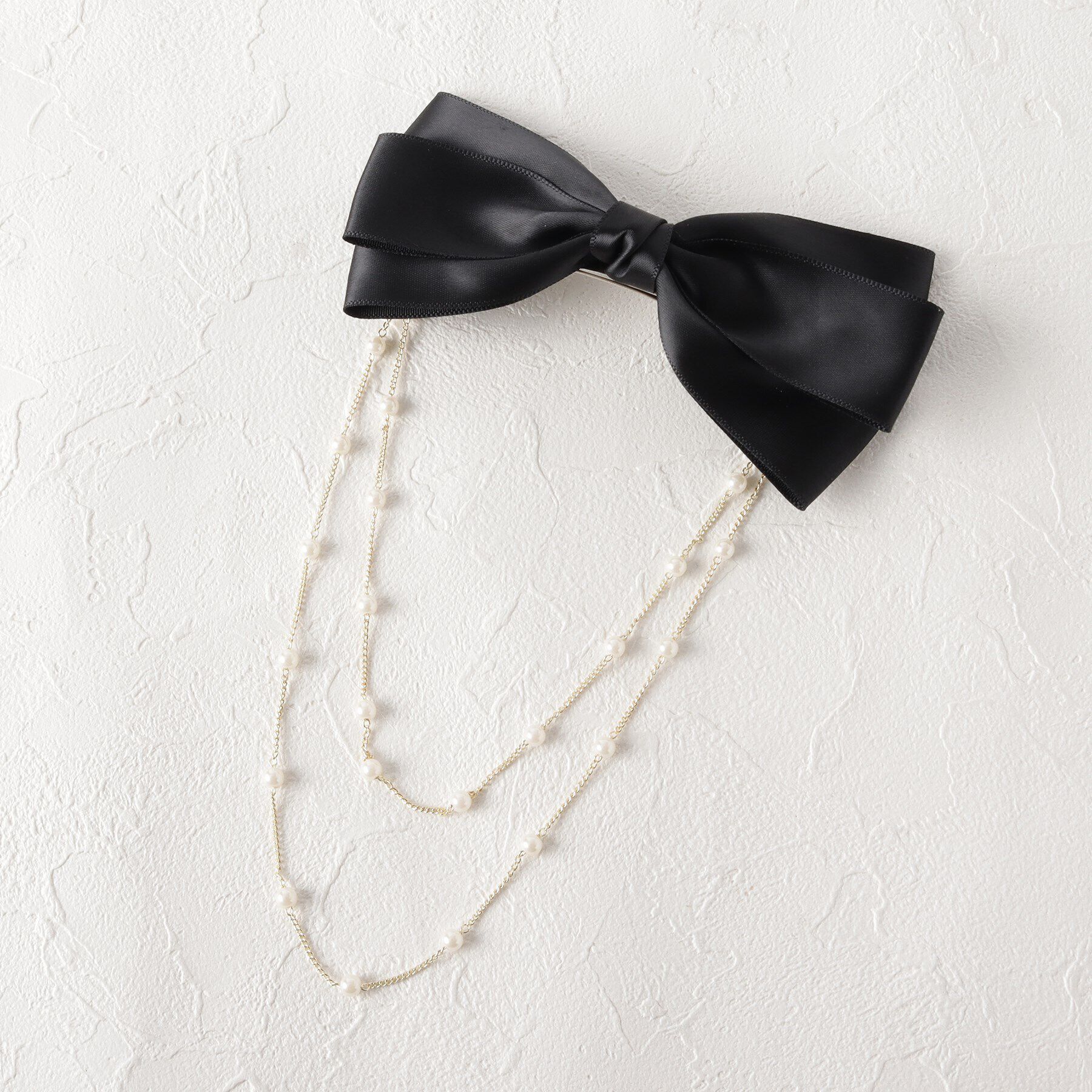 Grandedge「2連パール調チェーン付きリボンバレッタ」|その他|ﾌﾞﾗｯｸ(019)