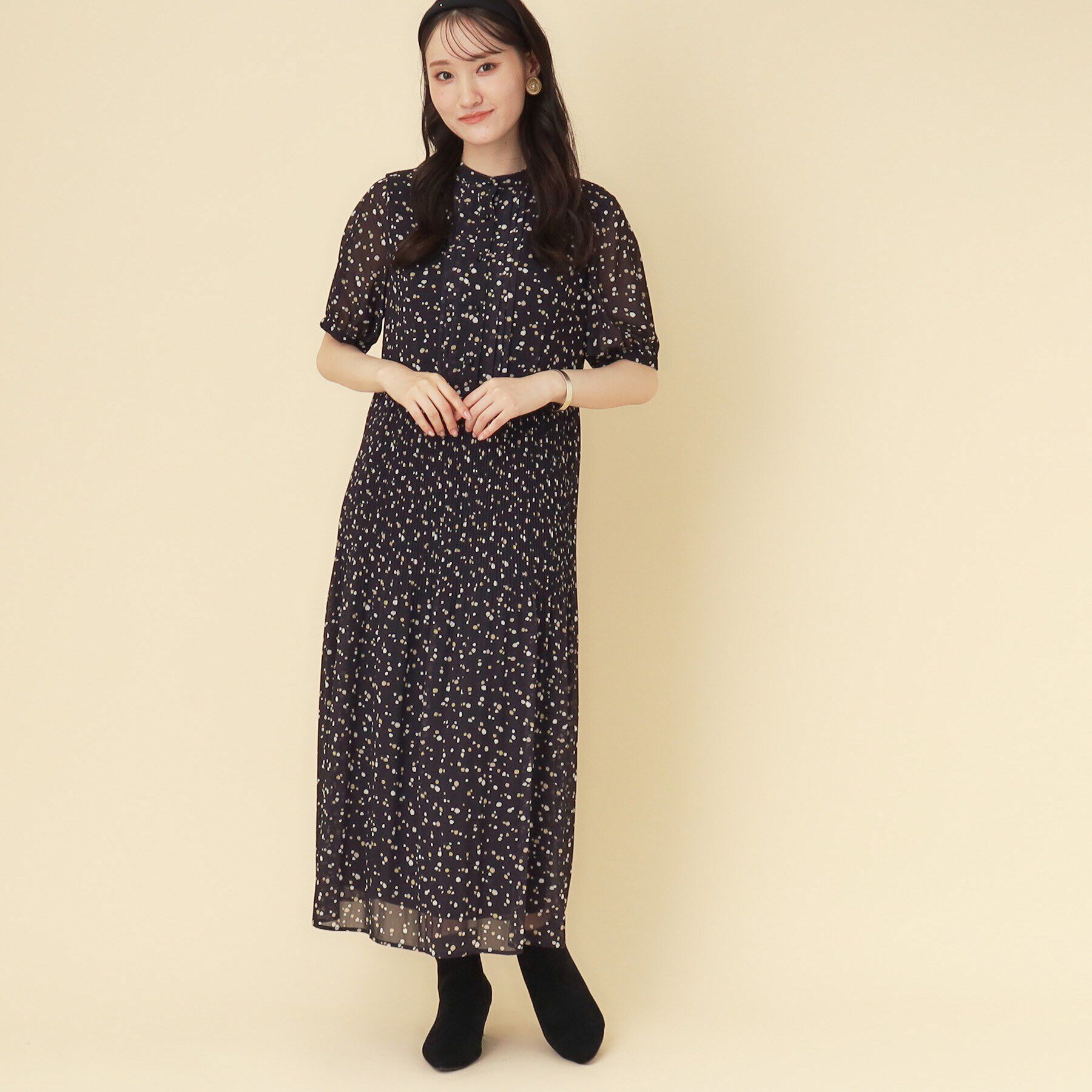 SunaUna「【ドット柄／ポリエステル】シフォンプリーツワンピース」|ワンピース|
