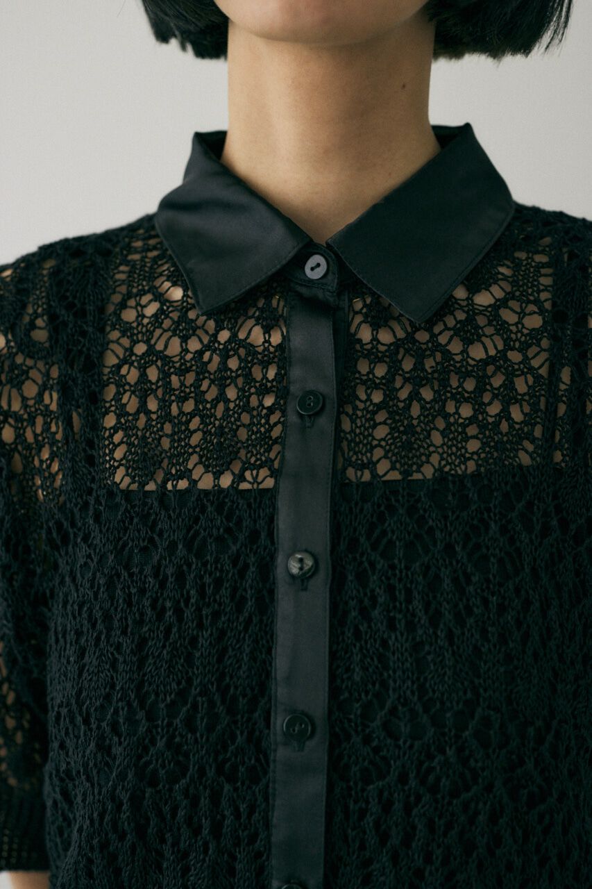 MOUSSY「吸湿､速乾性のある麻を使用したﾚｰｽ編みﾆｯﾄ 襟と前立てをｻﾃﾝで」|シャツ・ブラウス|