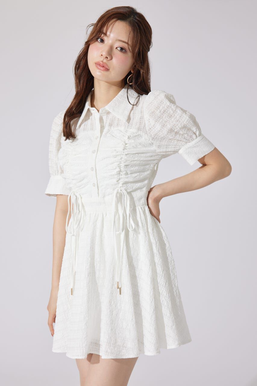 rienda「フロントシャーリングリボンミニハーフシャツフレアワンピース」|ワンピース|WHT