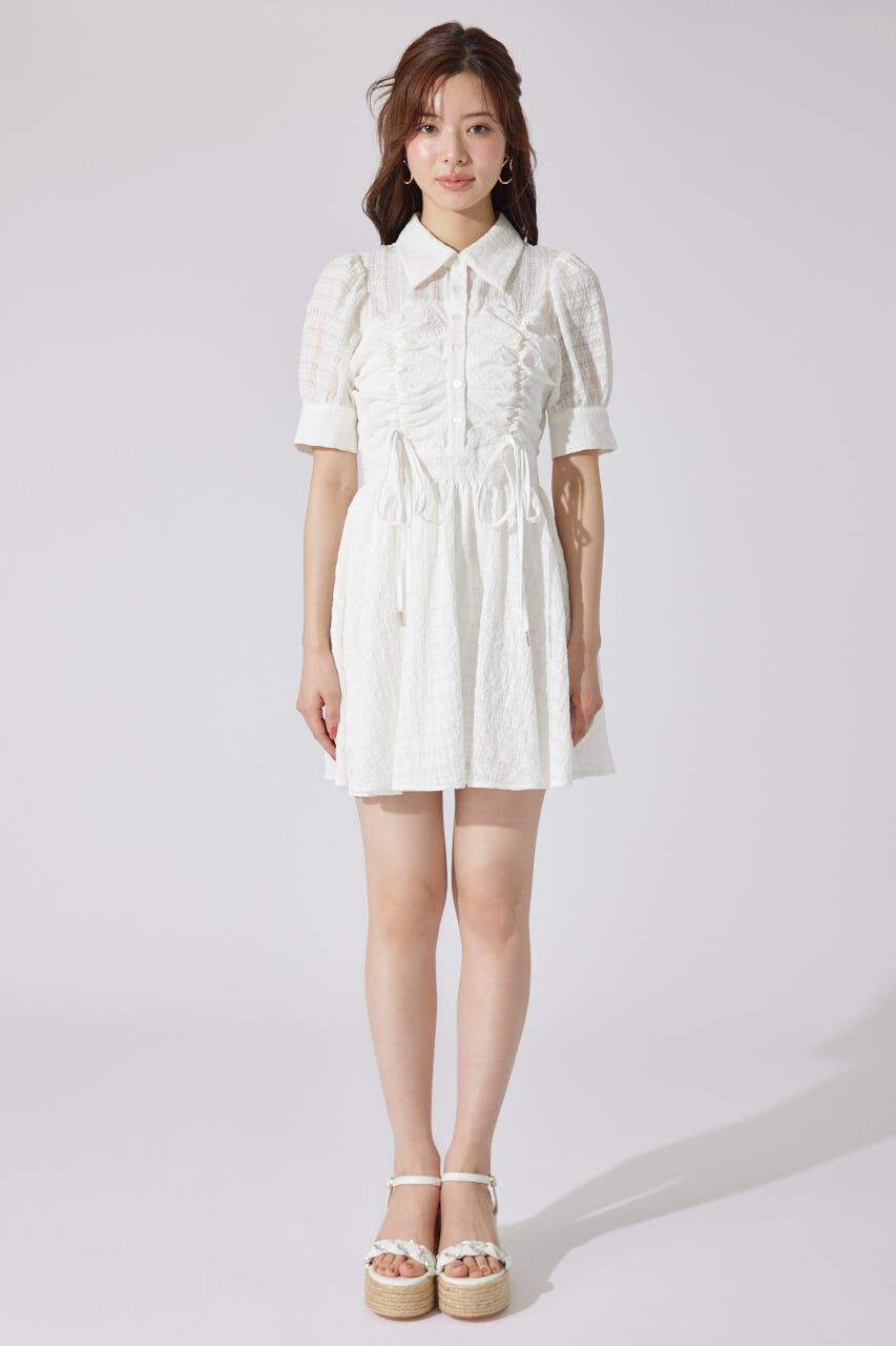 rienda「フロントシャーリングリボンミニハーフシャツフレアワンピース」|ワンピース|