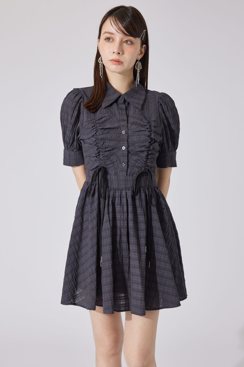 rienda「フロントシャーリングリボンミニハーフシャツフレアワンピース」|ワンピース|