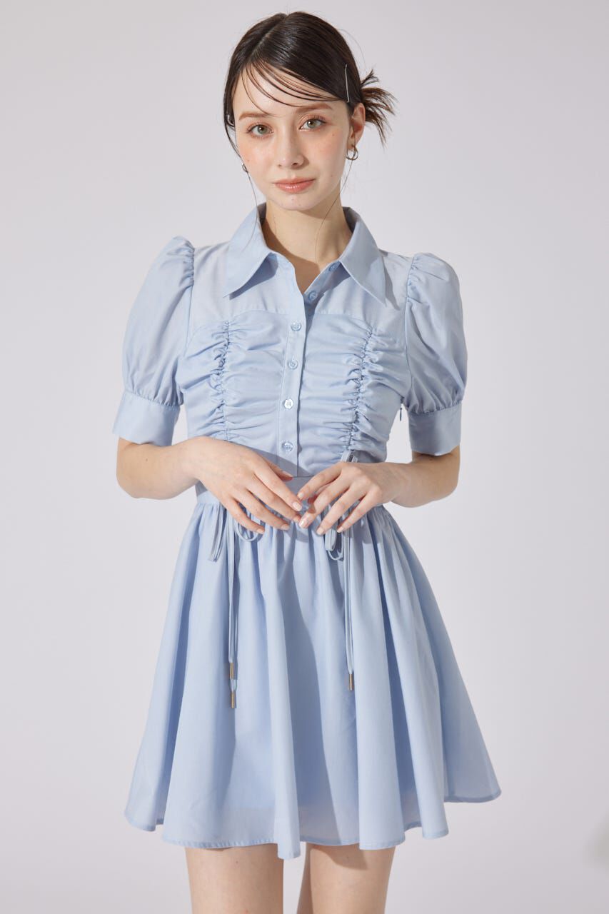 rienda「フロントシャーリングリボンミニハーフシャツフレアワンピース」|ワンピース|BLU