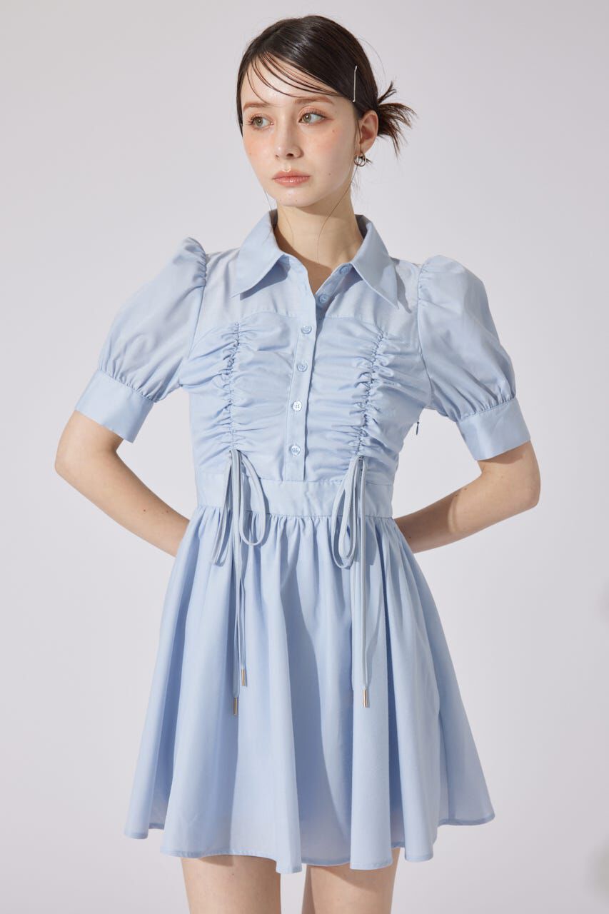 rienda「フロントシャーリングリボンミニハーフシャツフレアワンピース」|ワンピース|