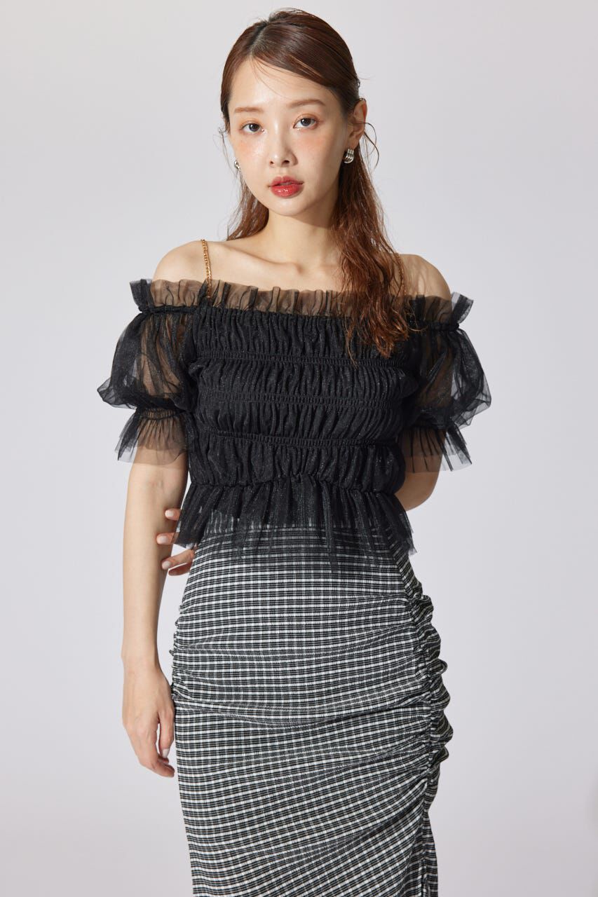 rienda「シアーオフショルショートスリーブブラウス」|シャツ・ブラウス|BLK