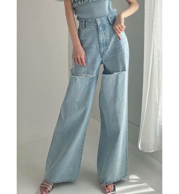 RESEXXY「ダメージワイドデニムパンツ」|デニム|アイスブルー