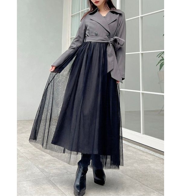 RESEXXY「チュールドッキングロングコート」|トレンチコート|チャコールグレー