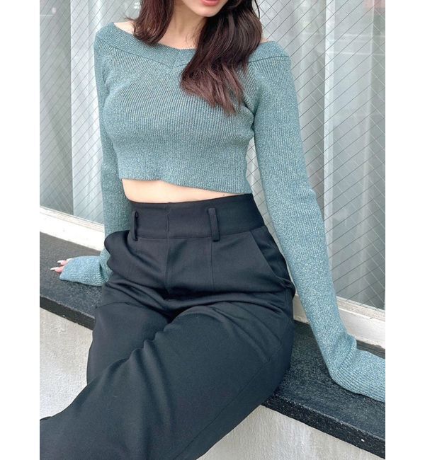 RESEXXY「グリッタークロップドルーズニットトップス」|ニット・セーター|グリーン