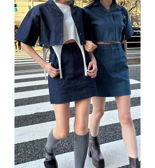 EMODA「ヘムカットオフクロップドシャツ」|シャツ・ブラウス|ブルー