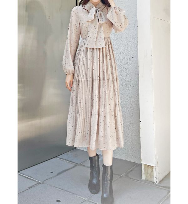 MERCURYDUO「花柄プリーツティアードワンピース」|ワンピース|ベージュ