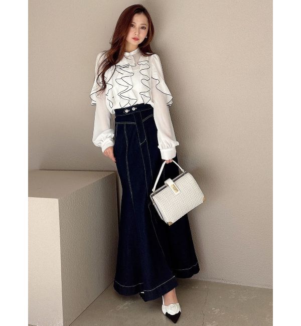 MERCURYDUO「配色メローラッフルブラウス」|シャツ・ブラウス|