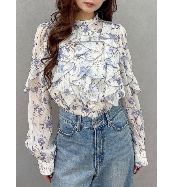 MERCURYDUO「配色メローラッフルブラウス」|シャツ・ブラウス|ブルー