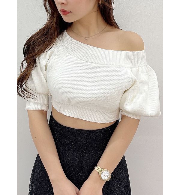 MERCURYDUO「クロップドオフショルダーニット」|ニット・セーター|オフホワイト