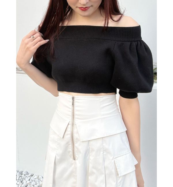 MERCURYDUO「クロップドオフショルダーニット」|ニット・セーター|ブラック