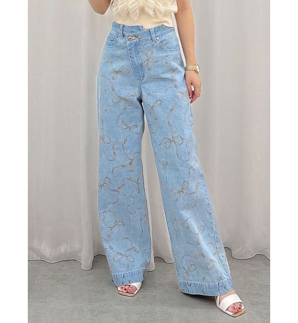 MERCURYDUO「リボンプリントデニムパンツ」|その他|ブルー