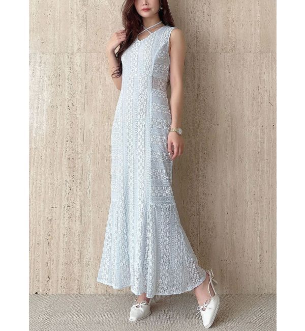MERCURYDUO「カットレースブロッキングマーメイドワンピース」|ワンピース|アイスブルー