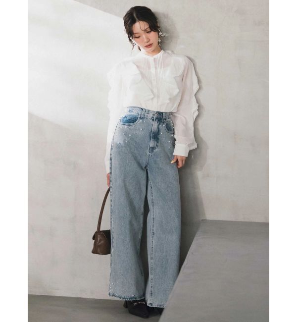 MERCURYDUO「パールデニムパンツ」|デニム|ブルー