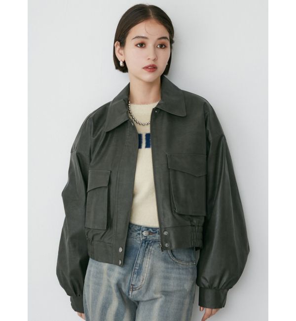 MURUA「フェイクレザーフライトジャケット」|ブルゾン・スタジャン|カーキ