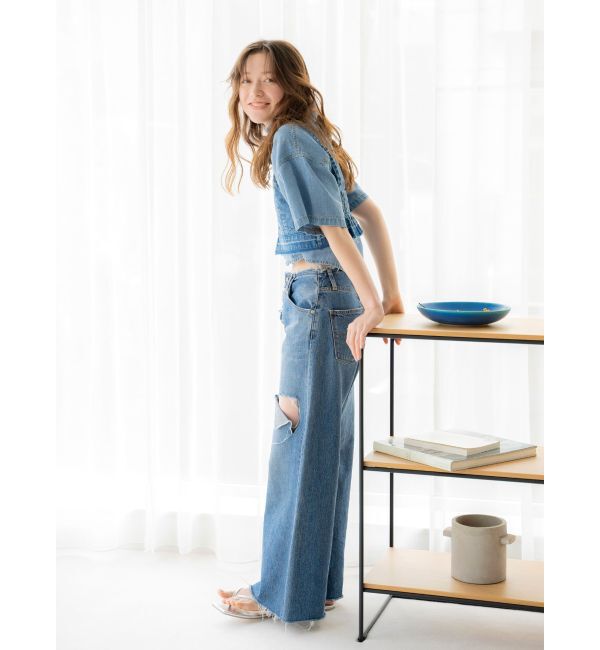 Ungrid「ウエストカットクラッシュストレートデニム」|デニム|