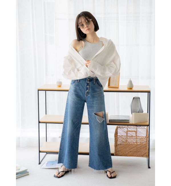 Ungrid「ウエストカットクラッシュストレートデニム」|デニム|