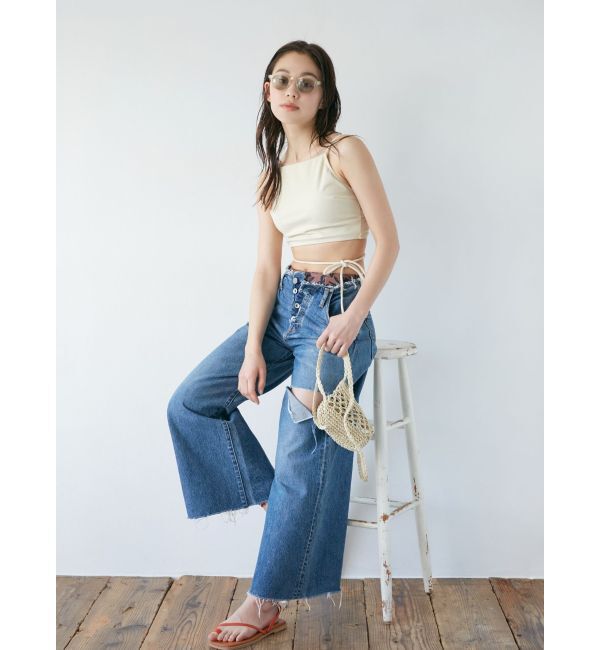 Ungrid「ウエストカットクラッシュストレートデニム」|デニム|