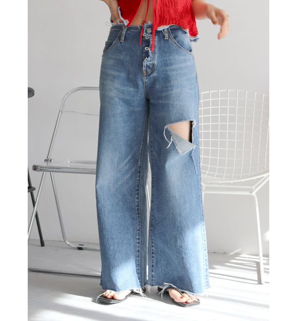 Ungrid「ウエストカットクラッシュストレートデニム」|デニム|