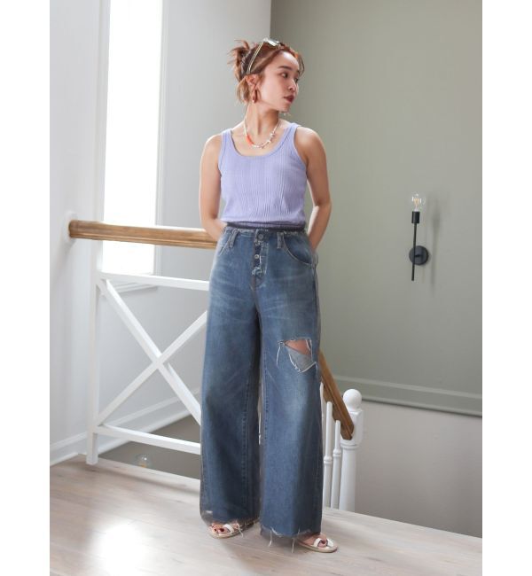 Ungrid「ウエストカットクラッシュストレートデニム」|デニム|