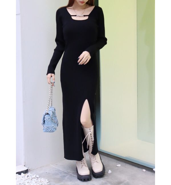 EVRIS「デコルテラインロングニットワンピース」|ワンピース|ブラック