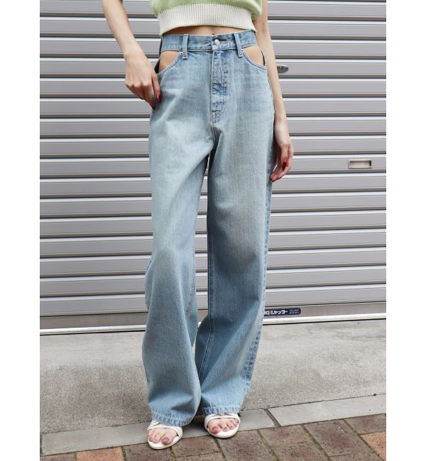 EVRIS「オープンウエストワイドデニムパンツ」|デニム|アイスブルー