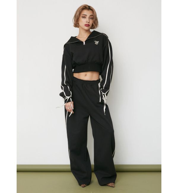 EVRIS「リボンスリーブハーフZIPショートスウェットトップス【セットアップ着用可能】」|スウェット・ジャージ|