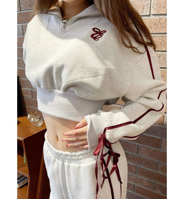 EVRIS「リボンスリーブハーフZIPショートスウェットトップス【セットアップ着用可能】」|スウェット・ジャージ|