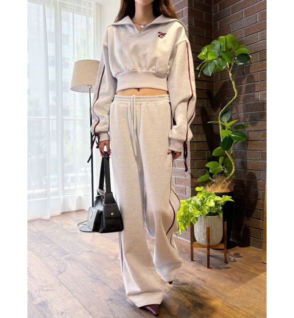 EVRIS「リボンスリーブハーフZIPショートスウェットトップス【セットアップ着用可能】」|スウェット・ジャージ|